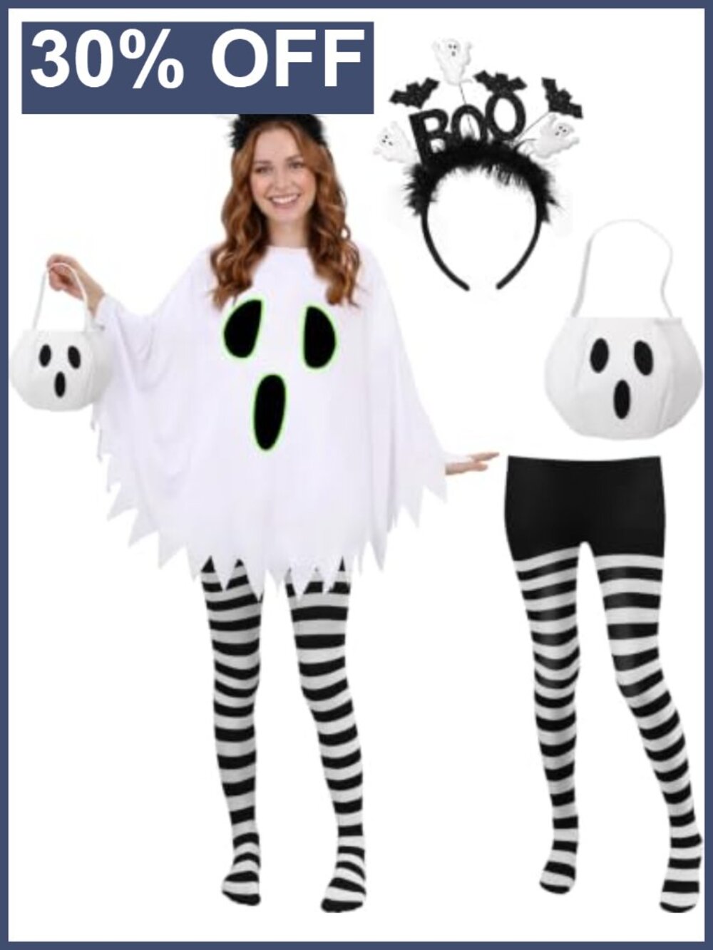 Women's Glow in the Dark Ghost Poncho Costume Set with Headband, Tights & Bag,